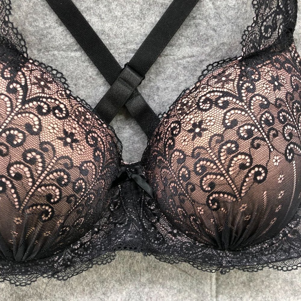 Prima Valentina Plunge Bra Black Blush Pink Lace Layer Size 40DD Lined Racerback - Picture 4 of 12